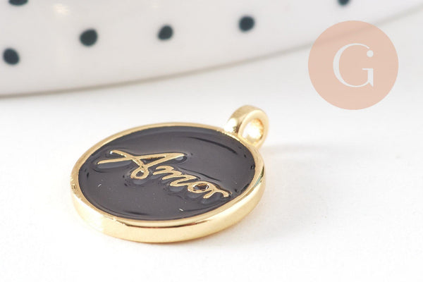 Pendentif médaille rond AMOR émail noir ou blanc laiton doré 20.5mm, x1 (G10823)