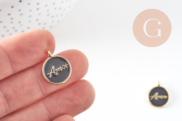 Pendentif médaille rond AMOR émail noir ou blanc laiton doré 20.5mm, x1 (G10823)