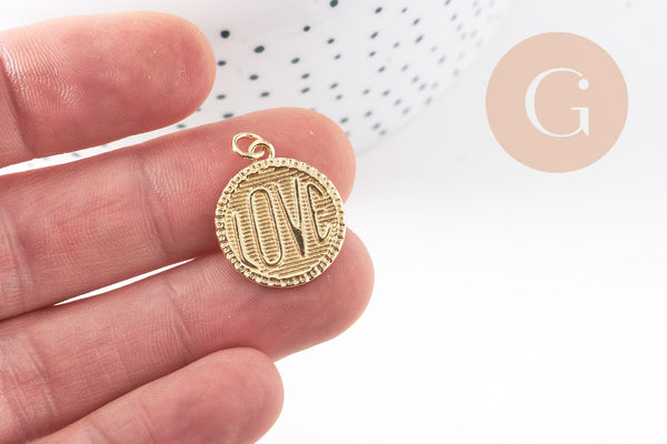 Pendentif médaille rond LOVE laiton doré 20.5mm, x1 (G10814)