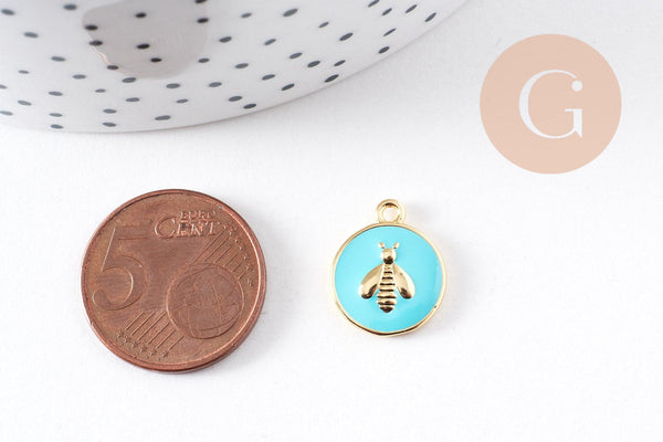 Pendentif médaille rond abeille émail laiton doré 16mm, x1 (G2942)