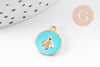 Pendentif médaille rond abeille émail laiton doré 16mm, x1 (G2942)