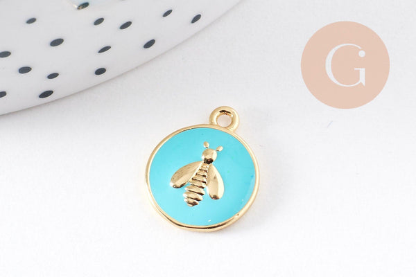 Pendentif médaille rond abeille émail laiton doré 16mm, x1 (G2942)