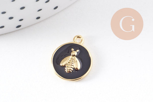 Pendentif médaille rond abeille émail laiton doré 16mm, x1 (G2942)
