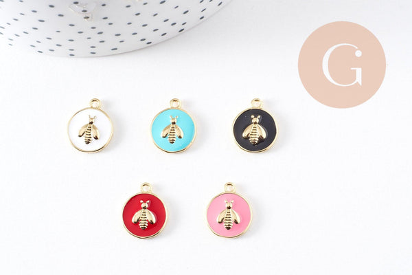Pendentif médaille rond abeille émail laiton doré 16mm, x1 (G2942)