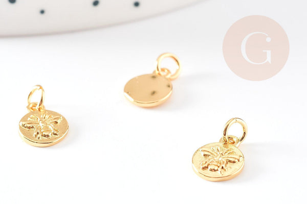 Pendentif médaille rond abeille laiton doré 10mm, x1 (G3371)