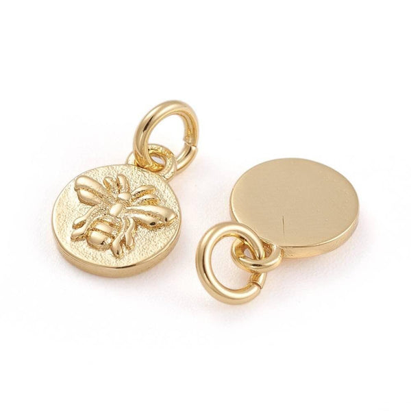 Pendentif médaille rond abeille laiton doré 10mm, x1 (G3371)