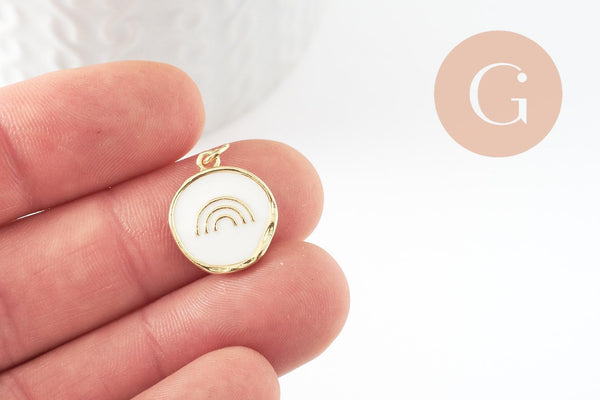 Pendentif médaille rond arc-en-ciel émail blanc laiton doré 18mm, x1 (G9733)