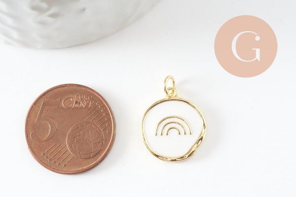 Pendentif médaille rond arc-en-ciel émail blanc laiton doré 18mm, x1 (G9733)