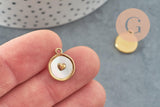 Pendentif médaille rond coeur émail blanc acier 304 doré 14K inoxydable IP, x1 (G9657)
