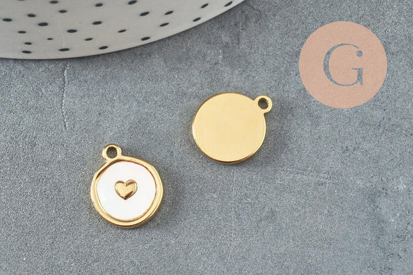 Pendentif médaille rond coeur émail blanc acier 304 doré 14K inoxydable IP, x1 (G9657)
