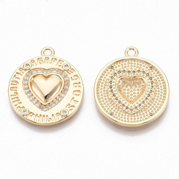 Pendentif médaille rond coeur émail laiton doré 18K et zircon 23.5mm, x1 (G3589)