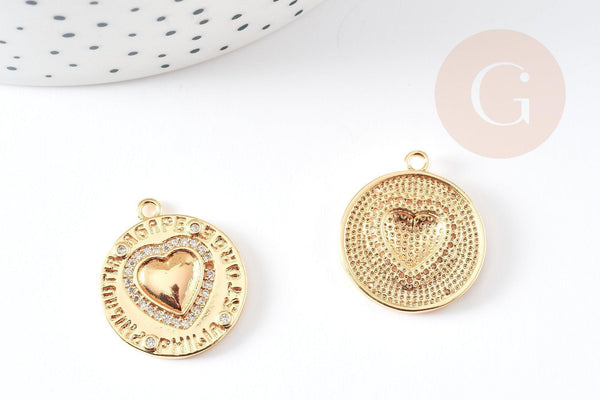 Pendentif médaille rond coeur émail laiton doré 18K et zircon 23.5mm, x1 (G3589)