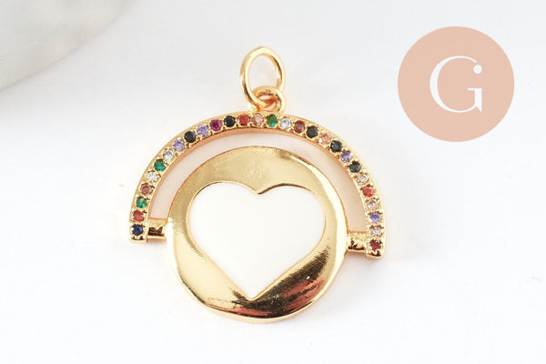 Pendentif médaille rond coeur émail laiton doré et zircon, pendentif laiton amour sans nickel,21mm, x1 (G6191)