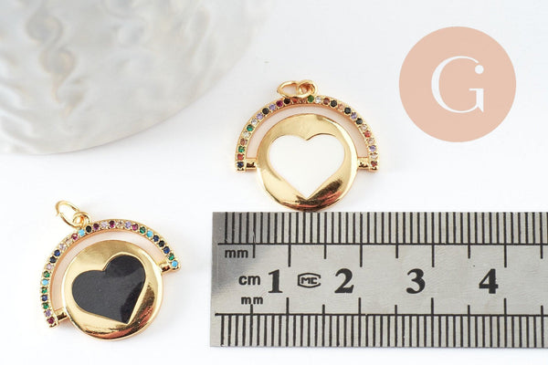 Pendentif médaille rond coeur émail laiton doré et zircon, pendentif laiton amour sans nickel,21mm, x1 (G6191)