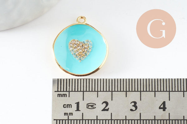 Pendentif médaille rond coeur émail laiton doré et zircon, pendentif laiton coeur,sans nickel,23mm, x1 (G4824)