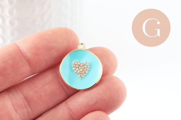 Pendentif médaille rond coeur émail laiton doré et zircon, pendentif laiton coeur,sans nickel,23mm, x1 (G4824)