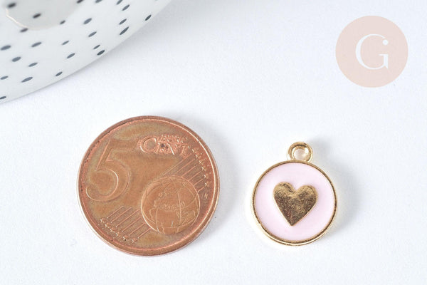 Pendentif médaille rond cœur émail rose clair zamac doré, création bijou amour, x1 (G7423)