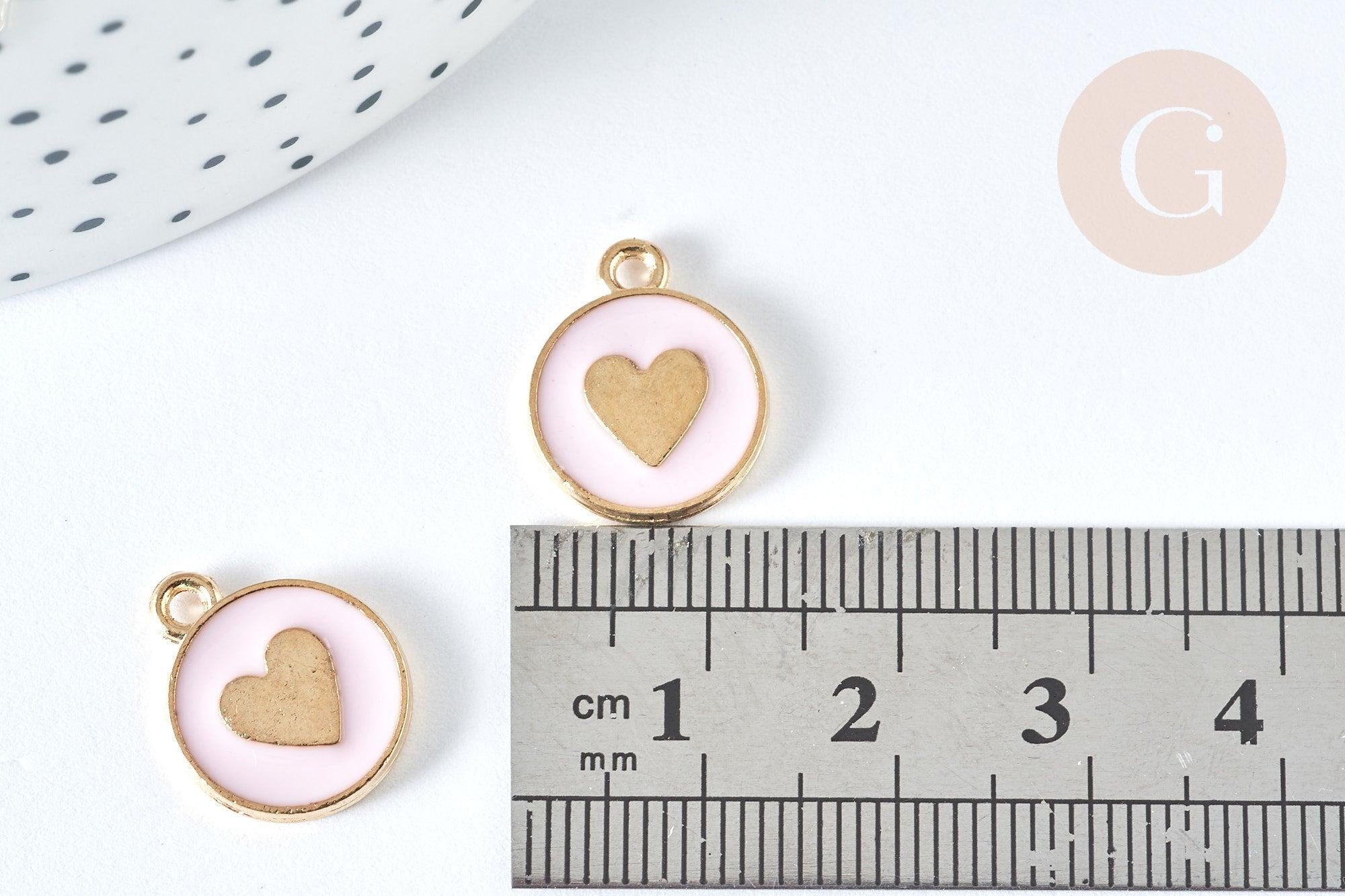 Pendentif médaille rond cœur émail rose clair zamac doré, création bijou amour, x1 (G7423)