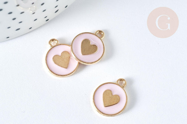 Pendentif médaille rond cœur émail rose clair zamac doré, création bijou amour, x1 (G7423)