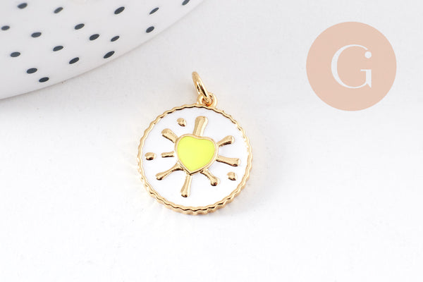 Pendentif médaille rond coeur émail rose laiton doré 18K 18mm , pendentif laiton coeur,sans nickel, x1 (G8420)