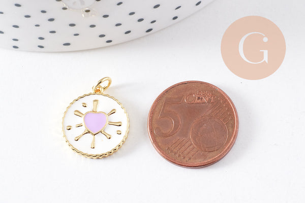 Pendentif médaille rond coeur émail rose laiton doré 18K 18mm , pendentif laiton coeur,sans nickel, x1 (G8420)