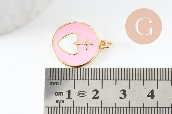Pendentif médaille rond coeur émail rose laiton doré 20.5mm, x1 (G9490)