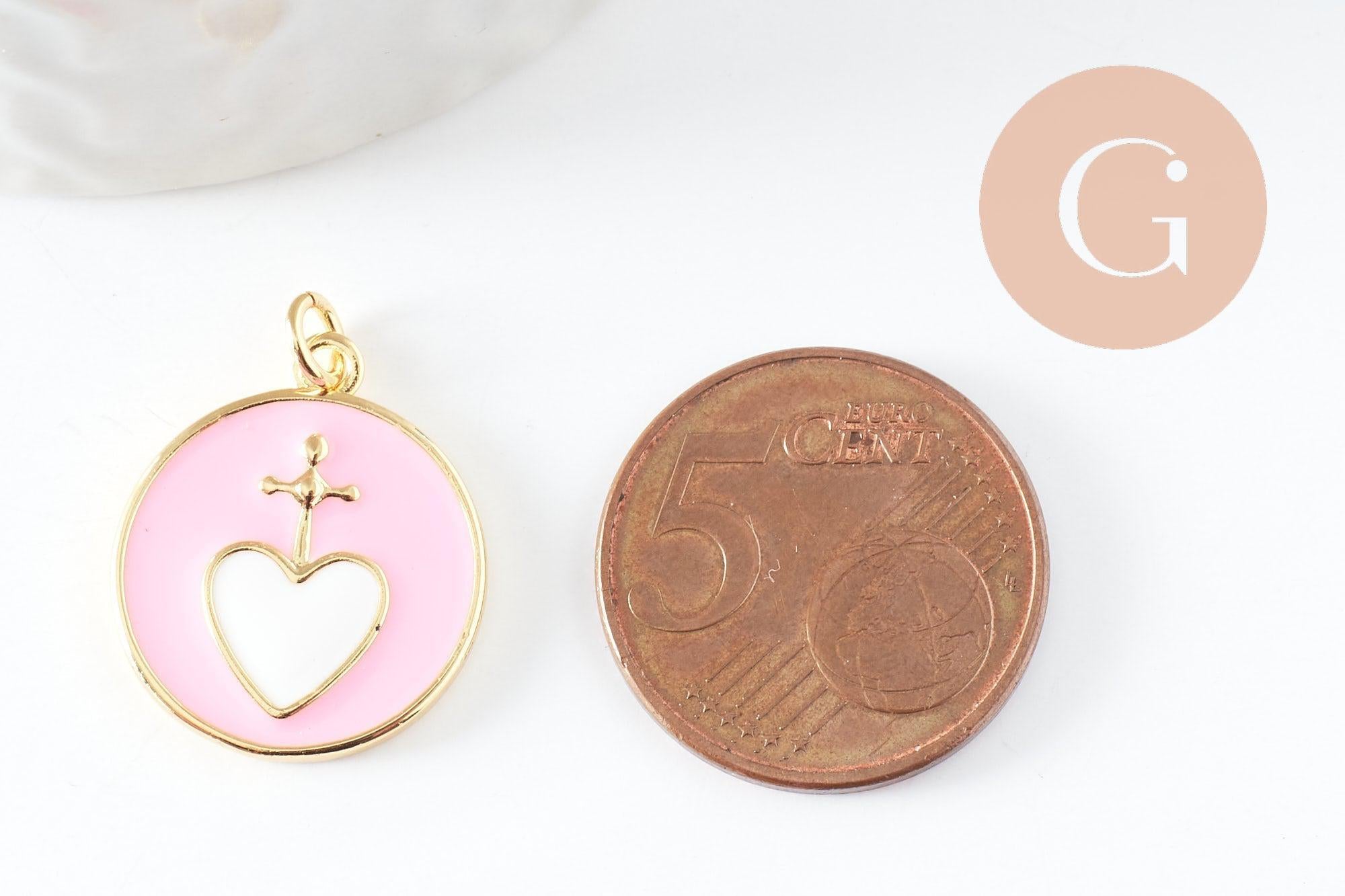 Pendentif médaille rond coeur émail rose laiton doré 20.5mm, x1 (G9490)