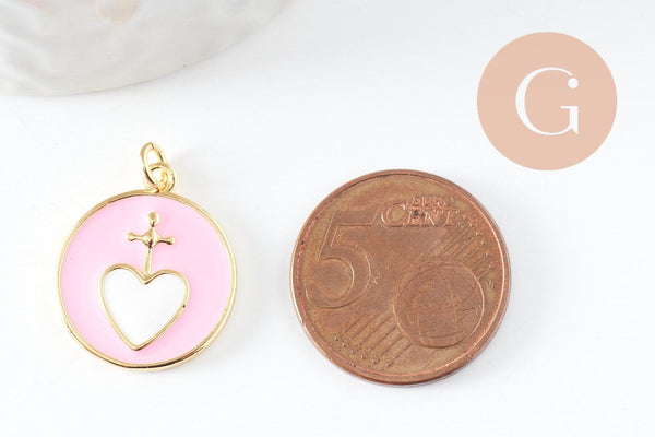 Pendentif médaille rond coeur émail rose laiton doré 20.5mm, x1 (G9490)
