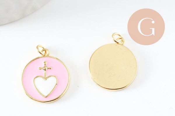 Pendentif médaille rond coeur émail rose laiton doré 20.5mm, x1 (G9490)