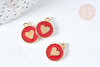 Pendentif médaille rond cœur émail rouge zamac doré, création bijou amour, x1 (G7425)