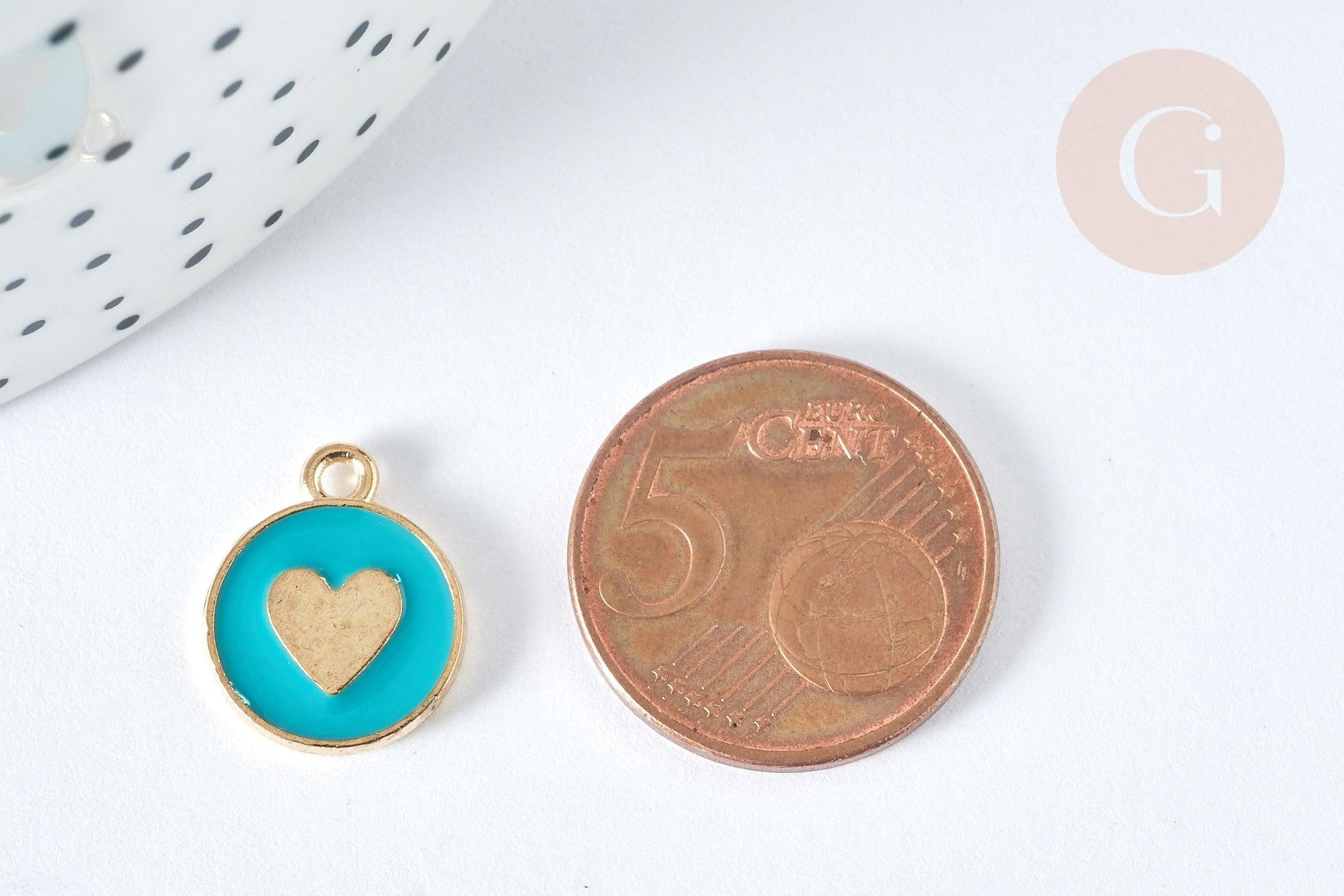 Pendentif médaille rond cœur émail turquoise zamac doré, création bijou amour, x1 (G7422)