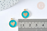 Pendentif médaille rond cœur émail turquoise zamac doré, création bijou amour, x1 (G7422)
