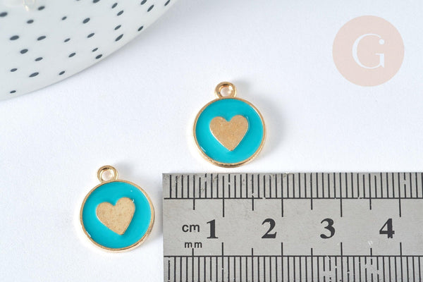 Pendentif médaille rond cœur émail turquoise zamac doré, création bijou amour, x1 (G7422)