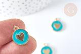 Pendentif médaille rond cœur émail turquoise zamac doré, création bijou amour, x1 (G7422)