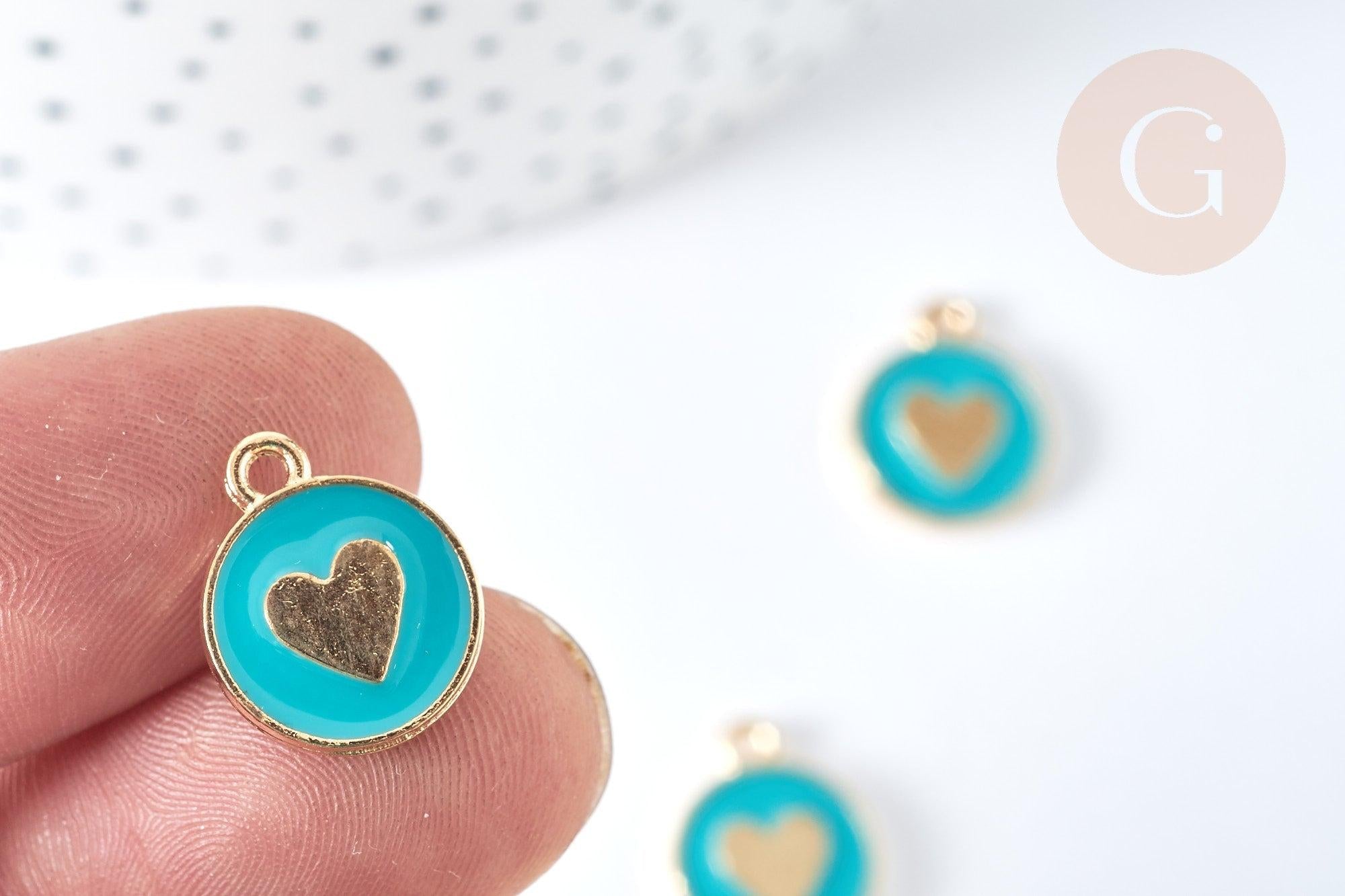 Pendentif médaille rond cœur émail turquoise zamac doré, création bijou amour, x1 (G7422)