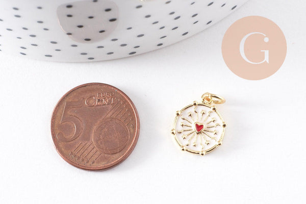 Pendentif médaille rond coeur sacré émail blanc laiton doré 15mm, x1 (G10169)