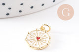 Pendentif médaille rond coeur sacré émail blanc laiton doré 15mm, x1 (G10169)