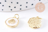 Pendentif médaille rond coquillage émail blanc laiton doré 15.5mm, x1 (G10623)