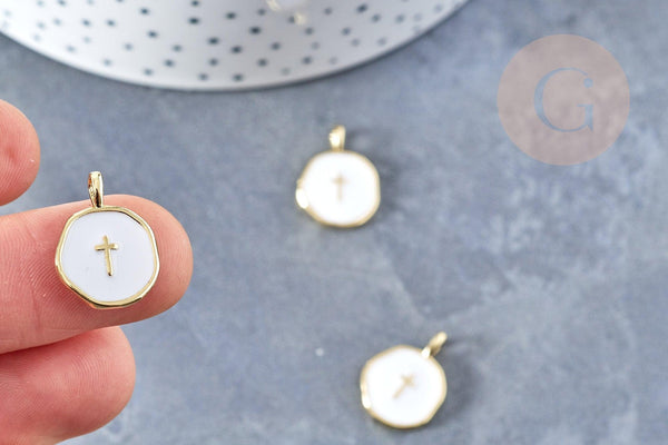 Pendentif médaille rond croix émail blanc laiton doré 18mm, pendentif laiton émaillé,sans nickel, x1 G8548