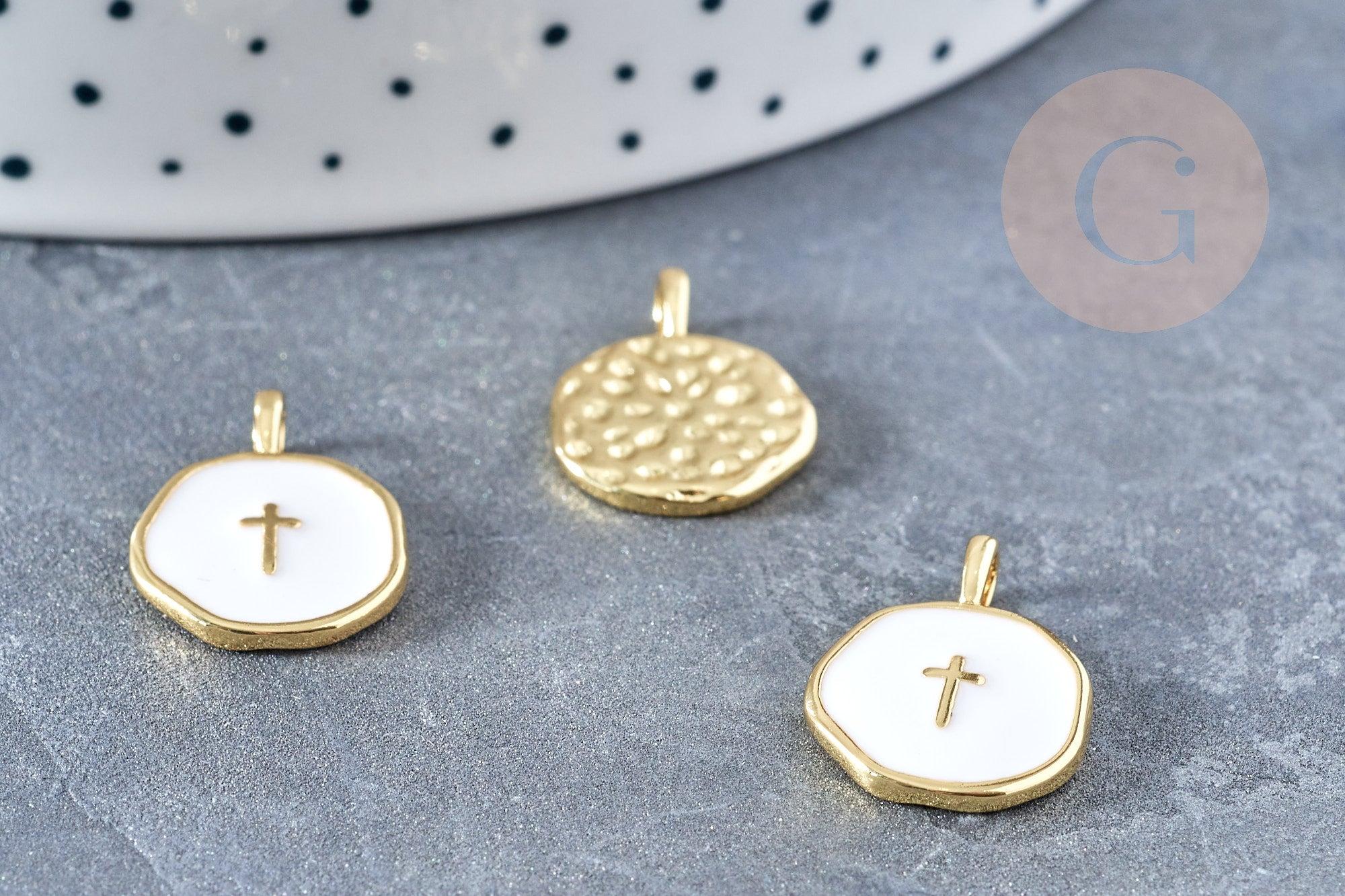 Pendentif médaille rond croix émail blanc laiton doré 18mm, pendentif laiton émaillé,sans nickel, x1 G8548
