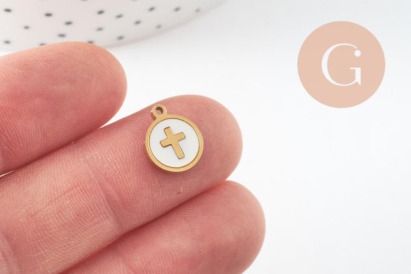 Pendentif médaille rond croix nacre naturelle blanche acier 304 doré inoxydable, x1 (G9693)