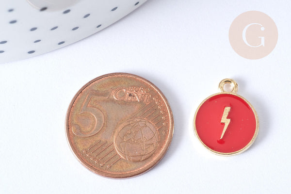 Pendentif médaille rond éclair émail rouge zamac doré 16mm, x1 (G7891)