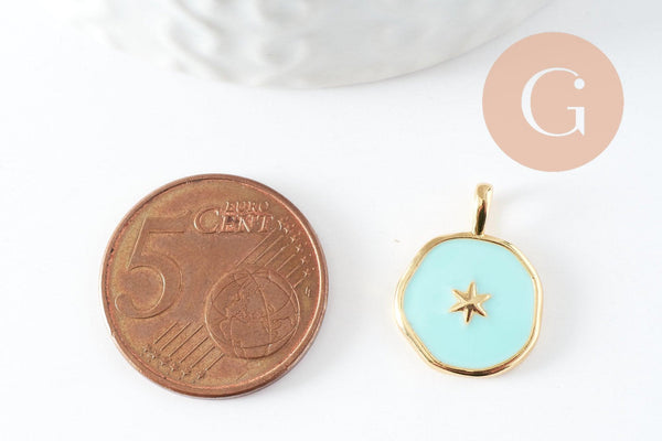 Pendentif médaille rond étoile émail bleu laiton doré, pendentif laiton émaillé,sans nickel,18mm, x1 G4271