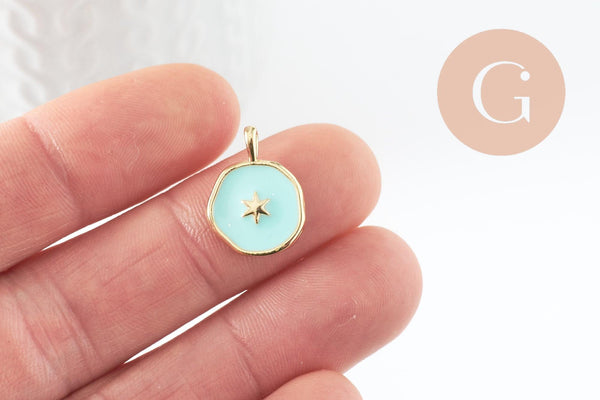 Pendentif médaille rond étoile émail bleu laiton doré, pendentif laiton émaillé,sans nickel,18mm, x1 G4271
