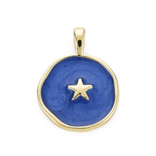 Pendentif médaille rond étoile émail rose ou bleu laiton doré 18mm, x1 (G8550)