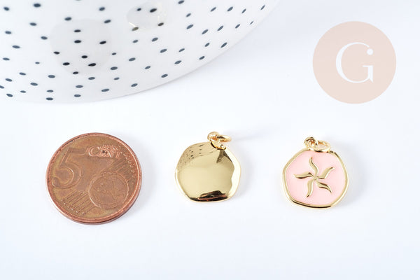 Pendentif médaille rond fleur émail rose clair laiton doré 18mm, pendentif laiton émaillé,sans nickel, x1 G8551