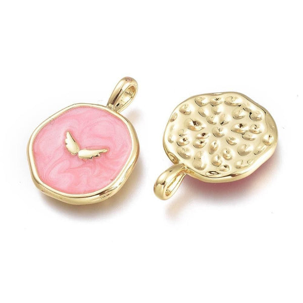Pendentif médaille rond lune émail rose doré, pendentif lune laiton émaillé,sans nickel,18mm, x1 (G4270)