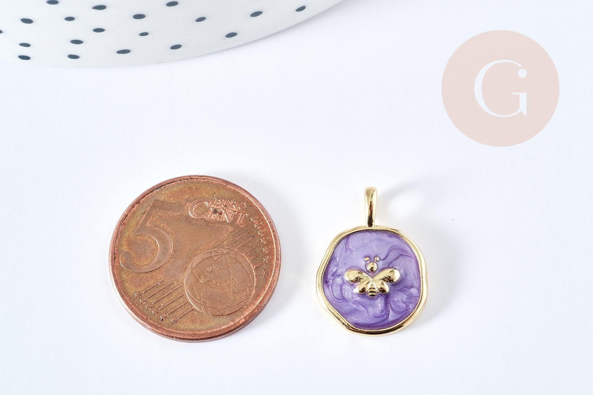 Pendentif médaille rond papillon émail violet laiton doré 18mm, pendentif laiton émaillé,sans nickel, x1 G8552