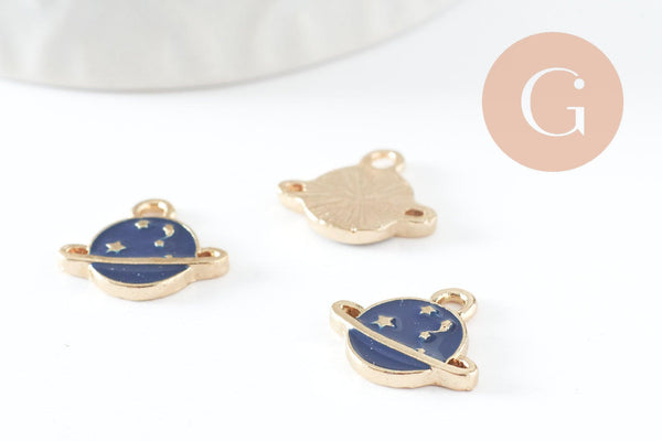 Pendentif médaille rond planète étoiles émail bleu zamac doré 13mm, x1 (G5919)