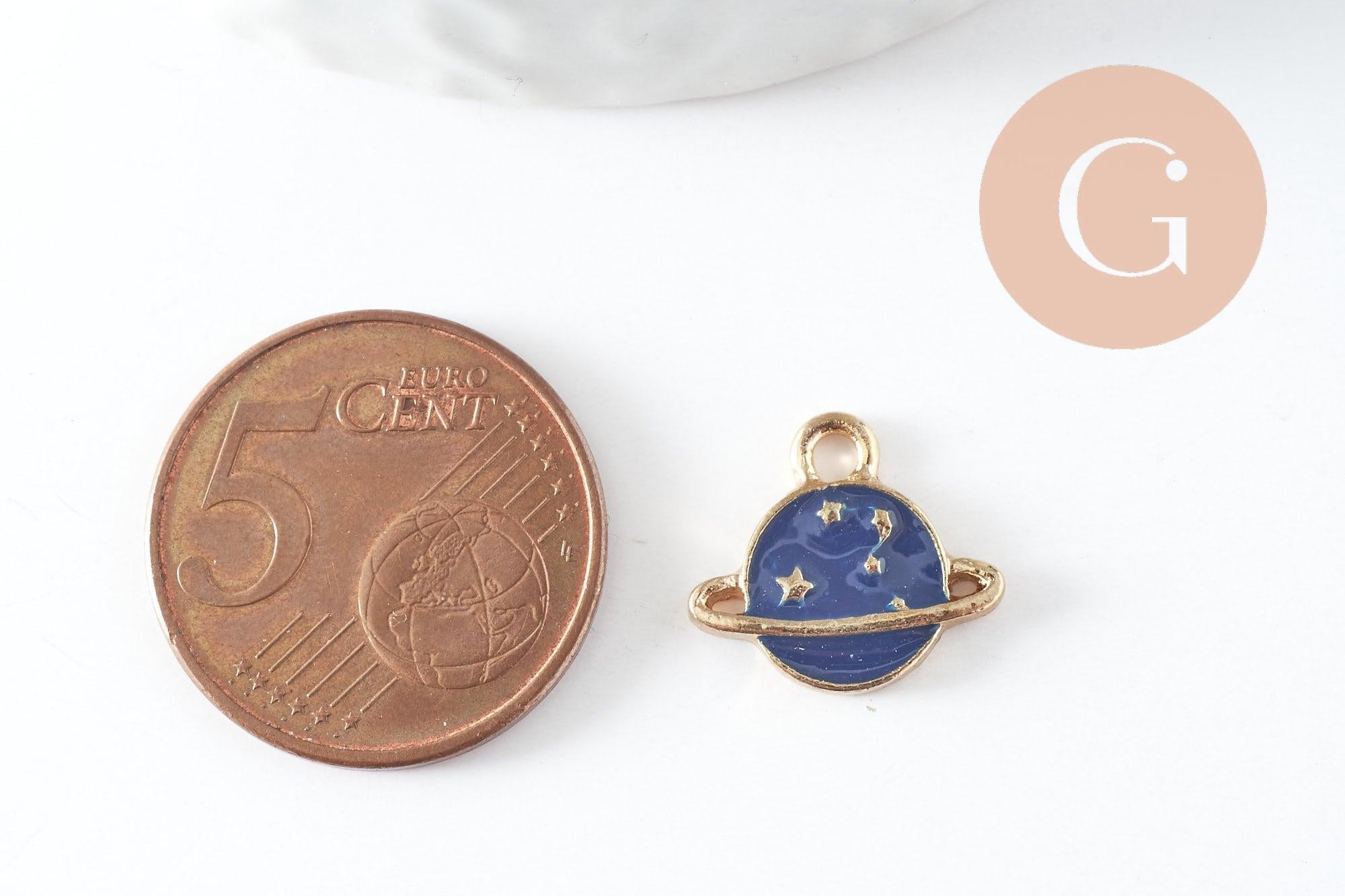Pendentif médaille rond planète étoiles émail bleu zamac doré 13mm, x1 (G5919)